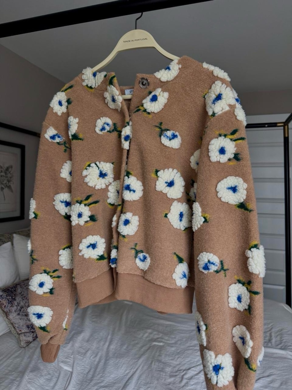 Polagram Camel Floral Fuzzy Zip Cardigan with White and Blue Accents